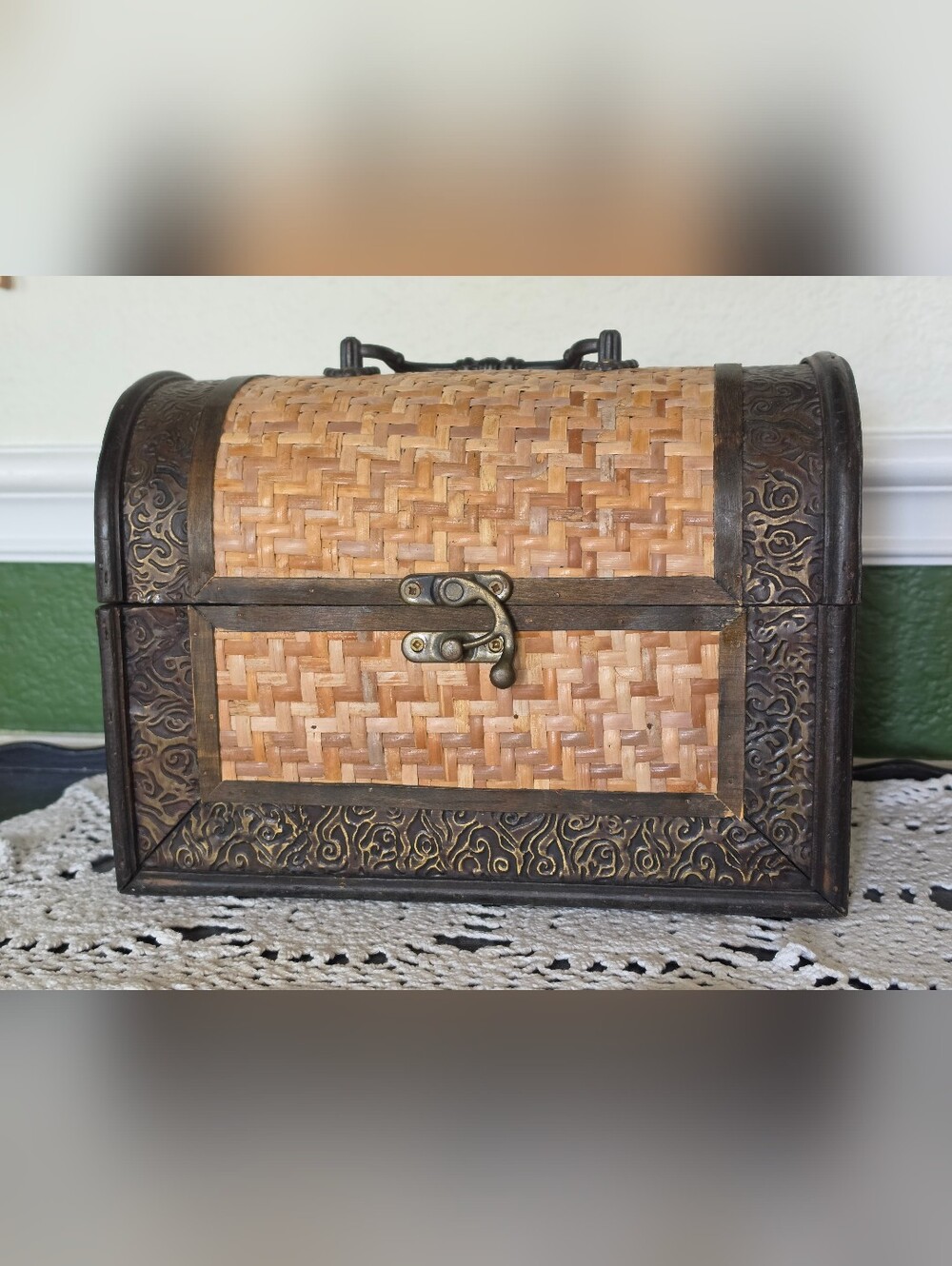Vintage Metal & Rattan Treasure Chest - Dome Top Boho Storage Box